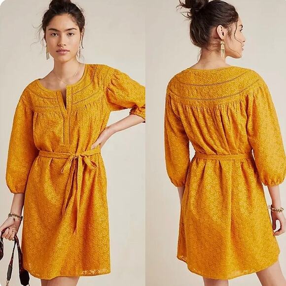 Anthropologie Daniel Rainn Treva Yellow Embroidered 3/4 Sleeve Mini Dress Sz XS - Picture 1 of 10